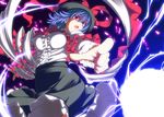  blue_hair breasts capelet electricity energy_ball foreshortening hat hat_ribbon highres iwanori large_breasts light nagae_iku open_mouth pointing red_eyes ribbon shawl shirt short_hair skirt solo touhou 