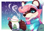 2023 5_fingers anthro artist_name bangs beanie beverage black_eyebrows black_nose blue_beanie blue_clothing blue_eyes blue_hat blue_headwear blue_scarf blush brown_markings candy candy_cane cheek_tuft chocolate christmas clothed clothed_anthro clothed_female clothing colored container cup dairy_products dessert digital_drawing_(artwork) digital_media_(artwork) english_description eyebrows facial_markings facial_tuft fangs female female_anthro fingers food fur gradient_background green_clothing green_sweater green_topwear hair hat head_markings headgear headwear hi_res holding_beverage holding_container holding_cup holding_mug holding_object holidays hot_chocolate inner_ear_fluff kuddlykodiak light lighting mammal markings mug multicolored_body multicolored_fur open_mouth open_smile ophelia_(the_plague_doctor) pink_body pink_fur pink_hair pink_tongue procyonid raccoon scarf shaded short_hair simple_background smile snow snowing solo steam sweater teeth text tongue topwear tuft whipped_cream white_body white_fur white_inner_ear_fluff winter