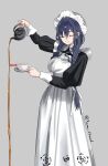  1girl absurdres apron arrow_(symbol) black_dress blue_hair braid closed_eyes closed_mouth cup dress english_commentary failure grey_background hair_intakes hair_ribbon hat highres holding holding_saucer holding_teapot hololive hololive_english long_hair low_twin_braids maid_apron mob_cap official_alternate_costume official_alternate_hairstyle ouro_kronii ouro_kronii_(maid) ribbon saucer simple_background smile solo spilling standing tea teacup teapot twin_braids twitter_username virtual_youtuber white_apron white_ribbon you&#039;re_doing_it_wrong younhand 