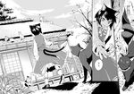  :d animal_ears building cat cat_ears cat_tail chen comic dress from_behind greyscale monochrome multiple_tails nakatani_nio nekomata open_mouth outdoors shrine smile speech_bubble tail talking touhou two_tails 