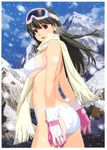  ass bikini black_hair breasts gloves goggles goggles_on_head highres ino large_breasts long_hair looking_at_viewer mountain original red_eyes scarf sideboob snowing solo strap_gap swimsuit underboob white_bikini 