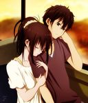  1girl arm_holding arm_hug artist_name black_hair brown_hair chitanda_eru closed_eyes eph green_hair hair_ornament head_on_shoulder highres hyouka long_hair oreki_houtarou short_hair sitting sleeping 