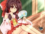  ascot bare_shoulders bow brown_hair detached_sleeves fan hair_bow hair_tubes hakurei_reimu hand_on_own_chest legs_up long_hair long_sleeves looking_at_viewer mosquito_coil motion_lines open_mouth red_eyes skirt solo sun sunlight sweat tonchinkan touhou veranda vest wide_sleeves 