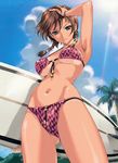  absurdres armpits ass_visible_through_thighs bikini bikini_tan bracelet braid breasts breasts_apart brown_hair cloud day front-tie_top green_eyes hand_on_own_head happoubi_jin highres hip_bones jewelry kuouzumiaiginsusutakeizumonokamimeichoujin_mika large_breasts looking_at_viewer navel resort_boin scan skindentation sky smile solo surfboard swimsuit tan tanline twin_braids underboob 