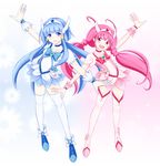  aoki_reika arm_up blue_choker blue_eyes blue_hair blue_skirt boots bow chocomelon choker color_connection cosplay cure_beauty cure_blossom cure_blossom_(cosplay) cure_happy cure_marine cure_marine_(cosplay) eyelashes full_body head_wings heartcatch_precure! highres hoshizora_miyuki long_hair magical_girl multiple_girls pink_bow pink_choker pink_eyes pink_hair pink_skirt precure ribbon shoes skirt smile smile_precure! symmetry thigh_boots thighhighs tiara twintails white_background white_legwear zettai_ryouiki 