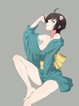  ahoge araragi_tsukihi bare_shoulders barefoot black_hair breasts fried_egg grey_background grey_eyes hair_ornament japanese_clothes kimono medium_breasts monogatari_(series) nisemonogatari short_hair simple_background solo tt_(poposujp) 