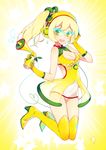  :d blonde_hair breasts c.c._lemon c.c._lemon_(character) cleavage cleavage_cutout glasses gloves green_eyes hand_on_headphones headphones holding medium_breasts open_mouth reika_(clovia_studio) side_ponytail smile solo thighhighs yellow yellow_gloves yellow_legwear 