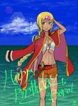  absurdres adult belt blonde_hair blue_eyes braid breasts chat cleavage coat dark_skin earrings gun highres jewelry long_hair midriff ocean older open_mouth sea short_shorts shorts tales_of_(series) tales_of_eternia water weapon 