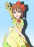  :d apron bow brown_eyes brown_hair dress hagiwara_yukiho hair_bow hair_ornament idolmaster idolmaster_(classic) open_mouth short_hair shotarou smile solo spoon 