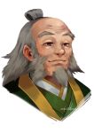  1boy absurdres artist_name artisticapparition avatar:_the_last_airbender avatar_legends balding beard brown_eyes facial_hair grey_hair hair_bun highres iroh long_hair male_focus mature_male old old_man portrait signature single_hair_bun smile solo thick_eyebrows white_background 