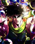  1boy absurdres adjusting_clothes adjusting_headwear battle_tendency brown_hair green_eyes green_scarf green_shirt hamon hands_up headband highres jojo_no_kimyou_na_bouken joseph_joestar joseph_joestar_(young) looking_at_viewer messy_hair muscular noonvincent scarf shirt sleeveless sleeveless_shirt soap_bubbles star_(symbol) striped_clothes striped_scarf upper_body yellow_scarf 