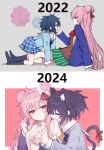  2022 2024 2girls absurdres age_difference age_progression ahoge animal_ears artist_name biting_shoulder black_hair blazer blood blue_eyes bow bra breasts cat_ears cat_girl cat_tail cleavage closed_eyes double_bun eye_contact fang hair_bun hand_on_another&#039;s_face happy_sugar_life highres jacket kemonomimi_mode koube_shio long_hair looking_at_another maidcode1023 matsuzaka_satou medium_breasts medium_hair multiple_girls no_shoes onee-loli open_mouth pink_hair red_eyes school_uniform simple_background sitting skirt smile socks tail tail_bow tail_ornament underwear yuri 