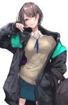  1girl akiyama_cz4a aqua_jacket artist_name backpack bag black_jacket blue_skirt breasts brown_hair brown_sweater_vest clenched_teeth collarbone collared_shirt earrings fang finger_to_mouth full_body grin head_tilt heart heart_earrings highres holding holding_bag jacket jewelry knees long_sleeves looking_at_viewer medium_breasts miniskirt mole mole_under_mouth open_clothes open_jacket original pleated_skirt shirt short_hair signature simple_background skirt smile solo standing sweater_vest teeth thighs unzipped white_background white_shirt zipper zipper_pull_tab 