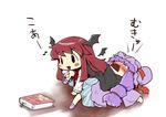  :d bat_wings black_eyes black_wings blush blush_stickers book chibi detached_wings girl_on_top hair_ribbon hat hat_ribbon head_wings koa_(phrase) koakuma lying mukyuu multiple_girls necktie no_eyes open_mouth patchouli_knowledge purple_hair red_hair ribbon simple_background smile touhou translation_request wings zannen_na_hito 