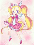  :d animalization bike_shorts blonde_hair bow candy_(smile_precure!) chibi cure_candy eyelashes facial_mark forehead hoshizora_miyuki kawamura_tenmei long_hair o_o open_mouth personification pink_bow precure role_reversal smile smile_precure! twintails v-shaped_eyebrows wavy_mouth wristband 