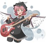  1girl animal_ears bird_ears bird_wings black_dress black_hat black_thighhighs choujuu_gigaku commentary_request dress electric_guitar guitar hat highres instrument juliet_sleeves long_sleeves mystia_lorelei puffy_sleeves thighhighs touhou winged_hat wings yamabikoyahoo zettai_ryouiki 