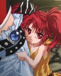  1boy 1girl bare_shoulders belt dress gloves kyle_dunamis long_hair midriff nanaly_fletch pants red_eyes red_hair tales_of_(series) tales_of_destiny_2 twintails young younger 