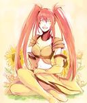  1girl belt boots breasts choker cleavage elbow_gloves eyes_closed flower gloves midriff nanaly_fletch navel open_mouth red_hair rocoya tales_of_(series) tales_of_destiny_2 thigh_boots thighhighs 