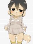 2025 5_fingers absurd_res anthro areola barely_visible_nipples belly blush bodily_fluids bottomless bottomless_female breasts canid canine canis censor_bar clothed clothing covering covering_breasts covering_nipples domestic_dog embarrassed eyelashes female fingers floppy_ears fur genitals grey_background hair hi_res kemono konomi_(oposa) looking_aside mammal meme meme_clothing meme_shirt narrowed_eyes navel nipples oposa portrait pussy shirt shirty_lift simple_background slightly_chubby solo standing sweat sweatdrop tail tan_body thigh_gap three-quarter_portrait topwear topwear_lift translucent