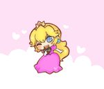  bad_id bad_pixiv_id blonde_hair blue_eyes chibi chocolate chocolate_heart crown dress elbow_gloves gloves heart long_hair lowres mario_(series) one_eye_closed open_mouth pink_dress princess_peach shimo_(laxesp) smile solo super_mario_bros. 