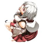  barefoot breasts chain collar detached_sleeves from_above full_body hand_on_own_face inubashiri_momiji leash mazuka_kei medium_breasts no_hat no_headwear red_eyes short_hair simple_background skirt solo tail tears touhou white_background white_hair wolf_tail 