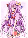  adapted_costume blush book bow bowtie cape checkered checkered_background crescent hair_ribbon hand_in_hair hat highres karamoneeze long_hair midriff miniskirt patchouli_knowledge purple_eyes purple_hair purple_legwear ribbon skirt smile solo thighhighs touhou zettai_ryouiki 