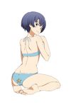  ano_natsu_de_matteru ass barefoot bikini blue_eyes blue_hair butt_crack feet from_behind full_body looking_back plantar_flexion short_hair simple_background sitting smile solo star swimsuit tanigawa_kanna tt_(poposujp) wariza white_background 