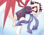  armpits asymmetrical_wings barefoot black_hair blurry breasts depth_of_field feet hair_over_one_eye hand_on_forehead houjuu_nue ishikkoro leg_lift lying medium_breasts on_back one-piece_swimsuit pointy_ears red_eyes school_swimsuit short_hair solo swimsuit touhou wings 