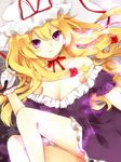  bad_id bad_pixiv_id blonde_hair bow breasts bug butterfly cleavage colorized dress hair_bow hat hat_ribbon insect long_hair medium_breasts open_mouth purin_jiisan purple_eyes ribbon sae_(091688) smile solo touhou umbrella yakumo_yukari 