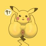 1:1 anus balls big_butt butt dulone feral fur generation_1_pokemon genitals hi_res looking_at_viewer lying male mammal nintendo open_mouth pikachu pokemon pokemon_(species) question_mark simple_background solo speech_bubble tail thick_thighs wide_hips
