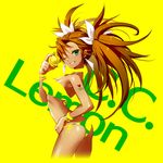  ass bare_shoulders bikini bracelet breasts brown_hair c.c._lemon c.c._lemon_(character) character_name choker cleavage earrings food fruit green_eyes grin hair_ribbon hand_on_hip heart jewelry lemon long_hair looking_at_viewer medium_breasts nail_polish one_eye_closed ria ribbon side-tie_bikini smile solo swimsuit tattoo twintails yellow yellow_bikini 