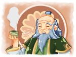  1boy ^_^ avatar:_the_last_airbender avatar_legends balding beard bluecaqtusart closed_eyes closed_mouth cup facial_hair grey_hair happy highres holding iroh long_sleeves old old_man simple_background smile solo steam tea topknot 