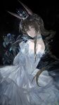  1girl absurdres ambience_synesthesia amiya_(arknights) animal_ears arknights black_background braid brown_hair crown dress elbow_gloves ergouzi_echo flower gloves grey_eyes highres holding holding_flower lily_(flower) long_hair looking_at_viewer rabbit_ears rabbit_girl sidelocks smile solo white_dress white_gloves 