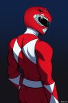  1boy absurdres black_background blue_background bodysuit cowboy_shot from_behind helmet highres kyouryuu_sentai_zyuranger male_focus mighty_morphin_power_rangers mighty_morphin_red_ranger power_rangers red_bodysuit red_helmet simple_background smgold solo super_sentai tokusatsu tyranno_ranger 