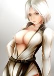  black_eyes bodysuit breasts christie_(doa) cleavage dead_or_alive large_breasts looking_at_viewer nannacy7 short_hair unzipped white_bodysuit white_hair zipper 