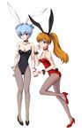  alternate_hairstyle animal_ears aoi_chihiro_(ru3ds) ayanami_rei bad_id bad_pixiv_id bare_shoulders blue_eyes blue_hair brown_hair bunny_ears bunny_tail bunnysuit choker collarbone high_heels highres holding_hands long_hair multiple_girls neon_genesis_evangelion pantyhose ponytail red_eyes shoes souryuu_asuka_langley tail twintails two_side_up wrist_cuffs 