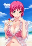 absurdres beach bikini_top breasts cake cleavage collarbone cream day doily finger_licking fingernails food fruit green_eyes happoubi_jin highres holding holding_food iihara_nao large_breasts licking lips navel outdoors partially_unbuttoned pastry pink_hair resort_boin scan see-through shirt short_hair sleeves_pushed_up slice_of_cake solo strawberry sweat swimsuit swimsuit_under_clothes tongue unbuttoned upper_body water wet wet_clothes 