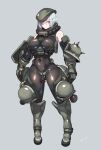  1girl absurdres armor armored_bodysuit arms_at_sides bare_shoulders bodysuit breasts commentary_request covered_navel covered_nipples elbow_gloves full_body gloves grey_background grey_hair gundam gundam_gquuuuuux hair_over_one_eye helmet highres honeycomb_(pattern) humanization impossible_bodysuit impossible_clothes large_breasts looking_at_viewer mecha_musume natsukaze_shigure pink_eyes shiny_clothes short_hair signature skin_tight solo standing thrusters zaku 