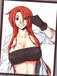  aqua_eyes blue_eyes braid breasts cleavage dirty gloves grin hong_meiling huge_breasts long_hair looking_at_viewer navel neko_majin open_clothes open_mouth open_shirt red_hair shirt sleeves_pushed_up smile solo touhou twin_braids 