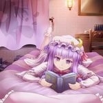  bed book bow broom chair crescent cup curtains desk dress hair_bow hat kirisame_marisa lamp leg_up long_hair lying multiple_girls noe_noel on_stomach open_book patchouli_knowledge pillow purple_eyes purple_hair reading saucer shadow silhouette socks teacup touhou translation_request wavy_mouth white_legwear 
