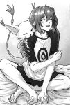  1girl absurdres aiba_ami barefoot biting_shoulder blush cat closed_eyes commission digimon digimon_(creature) digimon_story:_cyber_sleuth dorsiflexion feet full_body halftone highres miniskirt monochrome open_mouth pleated_skirt rezilism second-party_source side_ponytail skirt tailmon toes two-tone_shirt 
