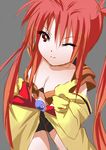  1girl belt breasts cleavage elbow_gloves gloves grey_background long_hair midriff nanaly_fletch red_eyes red_hair short_shorts shorts smile tales_of_(series) tales_of_destiny_2 twintails wink 