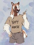 anthro bottomwear bulge chastity_key clothed clothed_male clothing clydesdale draft_horse equid equine found_keys fur horse key kinksiyo male mammal mane midriff mottled mottled_body mottled_fur murphythehonse pants piebald piebald_body piebald_fur shirt smug_grin solo tail text text_on_clothing text_on_shirt text_on_topwear topwear yiffy_honse
