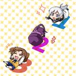  :d back_alley_alliance blue_skirt braid brown_hair chibi happy hat melty_blood multiple_girls open_mouth ponytail purple_eyes purple_hair riesbyfe_stridberg rolling single_braid sion_eltnam_atlasia six_(fnrptal1010) skirt smile tsukihime twintails white_hair yumizuka_satsuki 