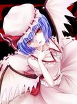  bat_wings black_background blouse cofi_(eternal) dutch_angle finger_to_mouth hat hat_ribbon lavender_hair lips looking_at_viewer red_background red_eyes remilia_scarlet ribbon short_hair skirt solo touhou wings 