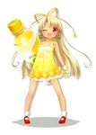  ;d blonde_hair bottle c.c._lemon c.c._lemon_(character) carrying choker dress earrings fang gloves hair_ribbon highres jewelry mary_janes one_eye_closed open_mouth polka_dot red_eyes ribbon ribbon_choker shoes smile solo usashiro_mani 