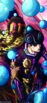  1boy 1other absurdres afro aqua_lips araki_hirohiko_(style) black_hair blue_eyes blue_hair bowler_hat brown_hat cane commentary english_commentary gloves glowing glowing_eyes hat highres holding holding_cane humanoid_robot jojo_no_kimyou_na_bouken jojolion noonvincent purple_gloves purple_shirt red_eyes robot scarf shirt soap_bubbles spiral stand_(jojo) stuffed_animal stuffed_toy sun_print teddy_bear tooru_(jojolion) wonder_of_u yellow_scarf 