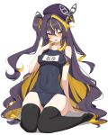 1girl absurdres bare_arms bare_shoulders black_hair black_hat black_one-piece_swimsuit black_thighhighs blonde_hair breasts cameltoe commission covered_navel covered_nipples hand_up hat highres long_hair looking_at_viewer medium_breasts multicolored_hair name_tag no_shoes old_school_swimsuit one-piece_swimsuit one_side_up open_mouth original school_swimsuit seiza sitting solo streaked_hair sweat swimsuit thighhighs thighs two-tone_hair very_long_hair w.k wavy_hair yellow_eyes 