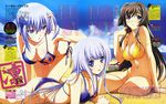  absurdres adjusting_hair arm_support beach bikini blue_eyes blue_hair breasts brown_hair cleavage cloud commentary cryska_barchenowa day derivative_work frilled_bikini frills frown hammer_and_sickle hanging_breasts highres inia_sestina large_breasts leaning_forward legs long_hair lying miyata_sou multiple_girls muvluv muvluv_alternative muvluv_total_eclipse navel ocean official_art on_stomach outdoors scan side-tie_bikini sitting sky strap_gap swimsuit takamura_yui thigh_gap thighs very_long_hair yellow_bikini 