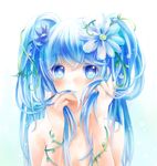  blue_eyes blue_hair detached_sleeves flower hair_flower hair_ornament hatsune_miku highres long_hair solo temari_(qqq_999) upper_body vocaloid 